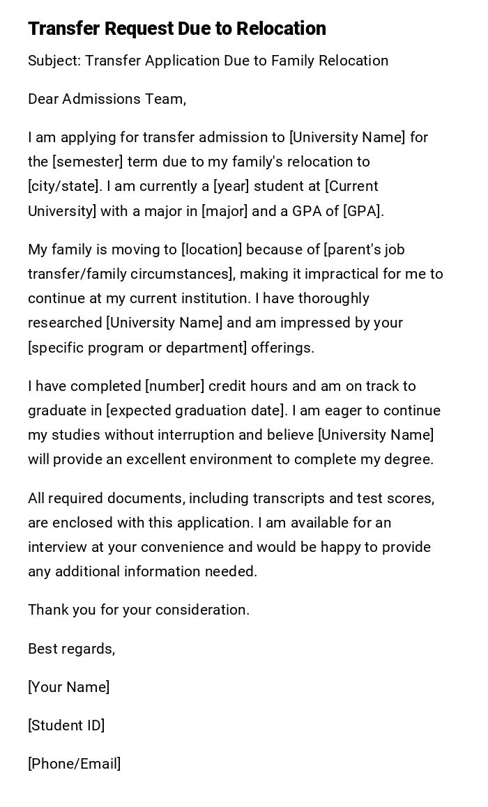 Transfer Request Due to Relocation Transfer Request Due to Relocation