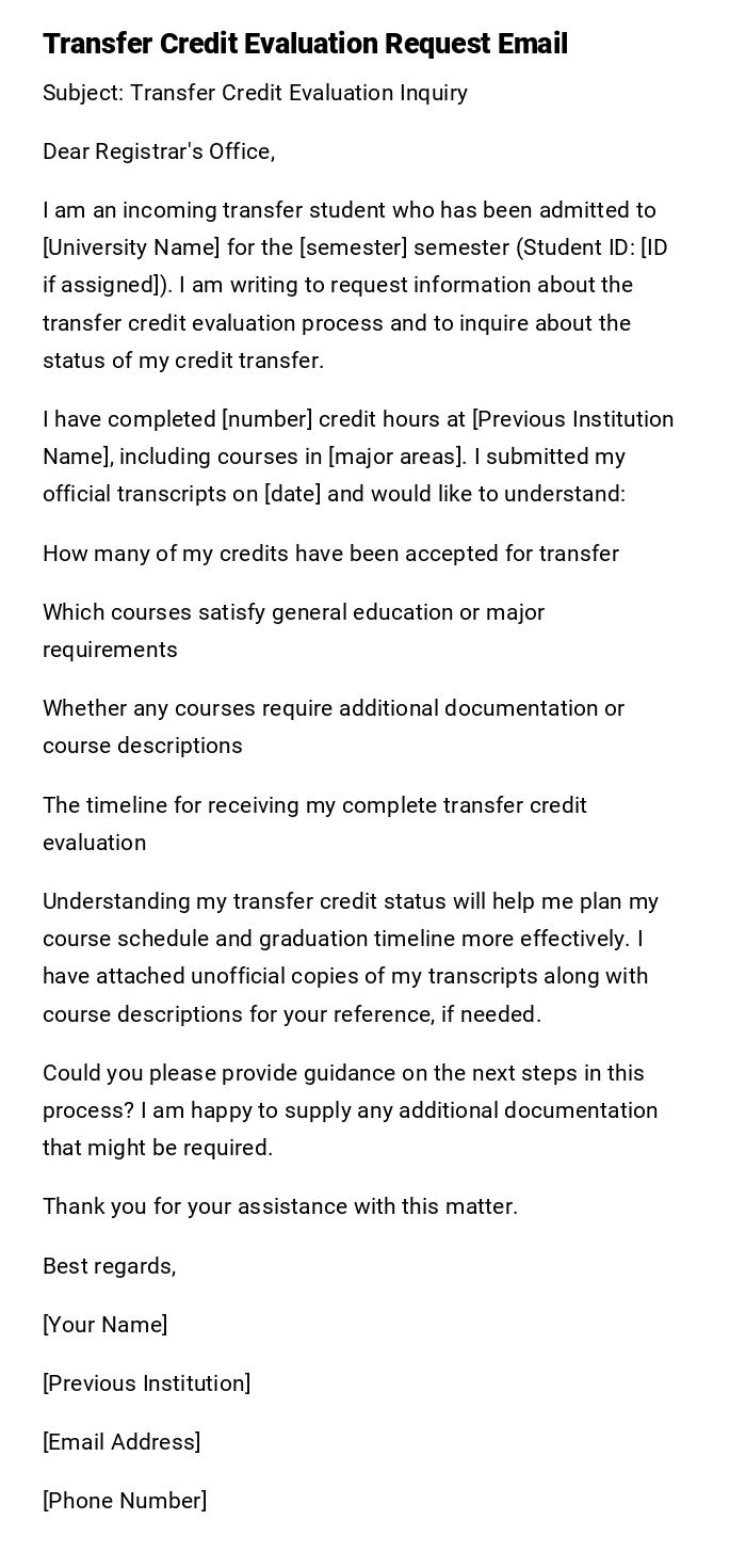 Transfer Credit Evaluation Request Email Transfer Credit Evaluation Request Email