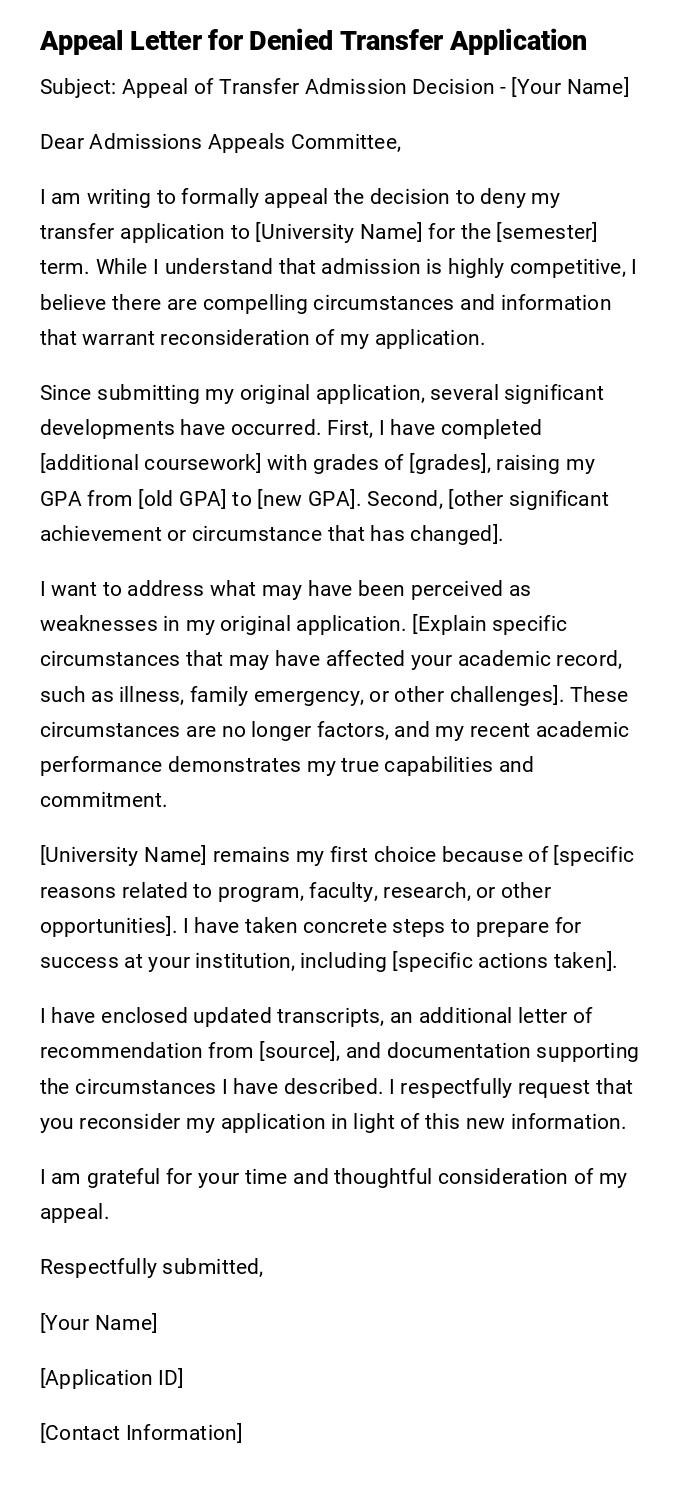 Appeal Letter for Denied Transfer Application Appeal Letter for Denied Transfer Application