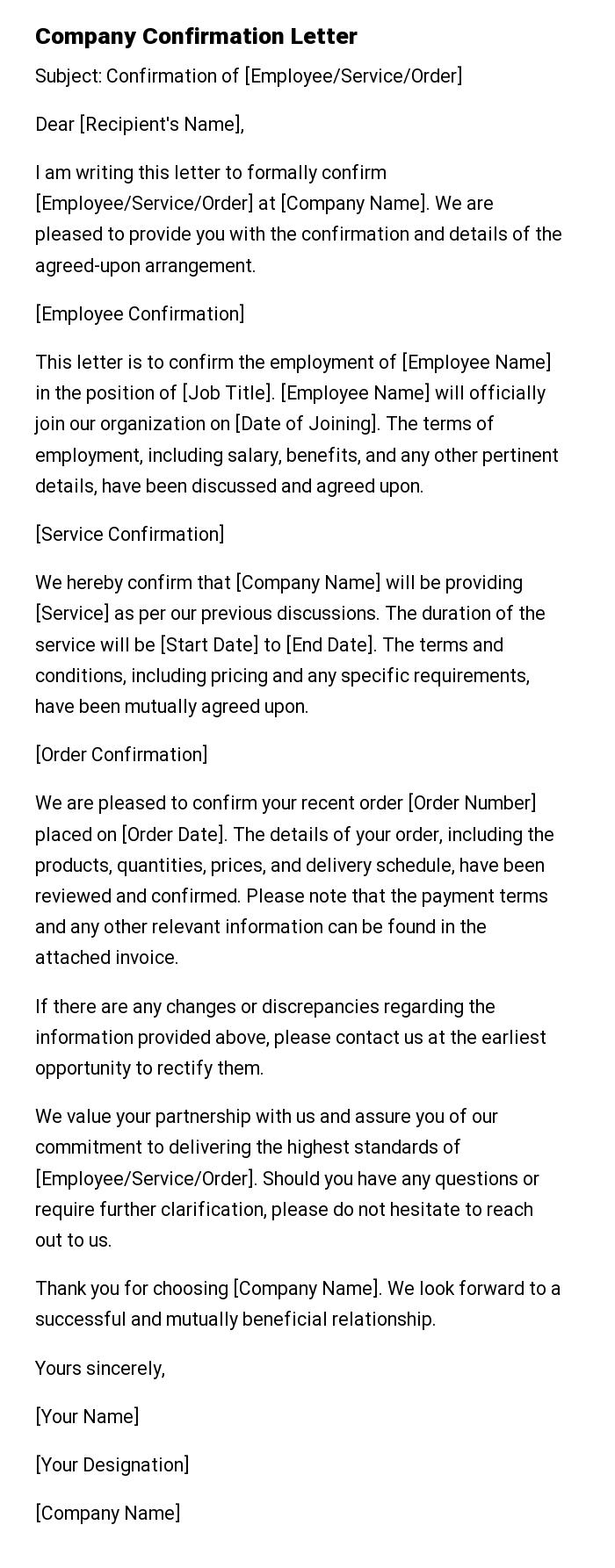 Company Confirmation Letter