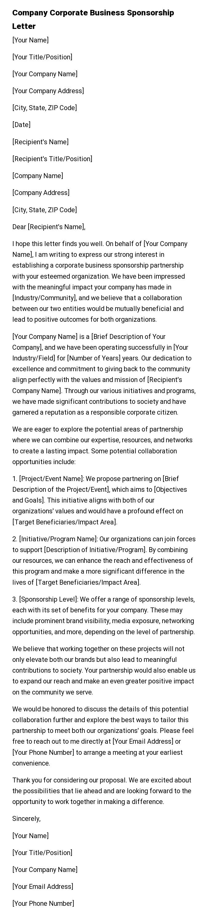 Company Corporate Business Sponsorship Letter