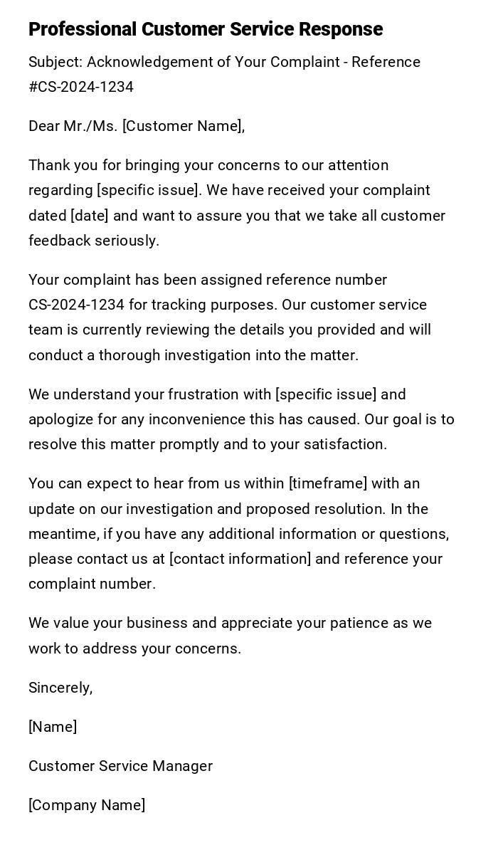 Professional Customer Service Response Professional Customer Service Response