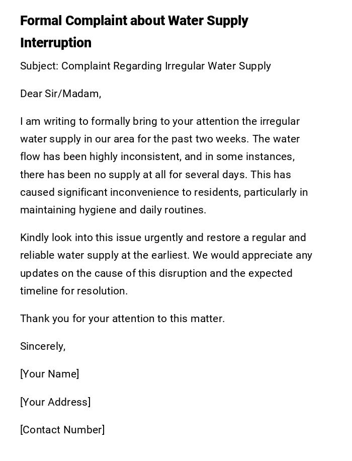 Formal Complaint about Water Supply Interruption Formal Complaint about Water Supply Interruption