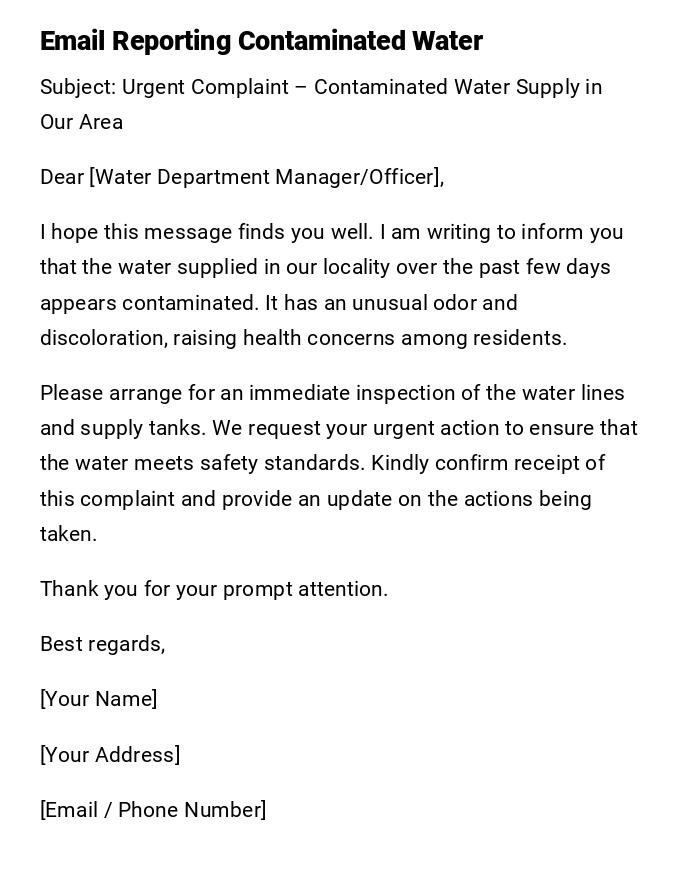 Email Reporting Contaminated Water Email Reporting Contaminated Water