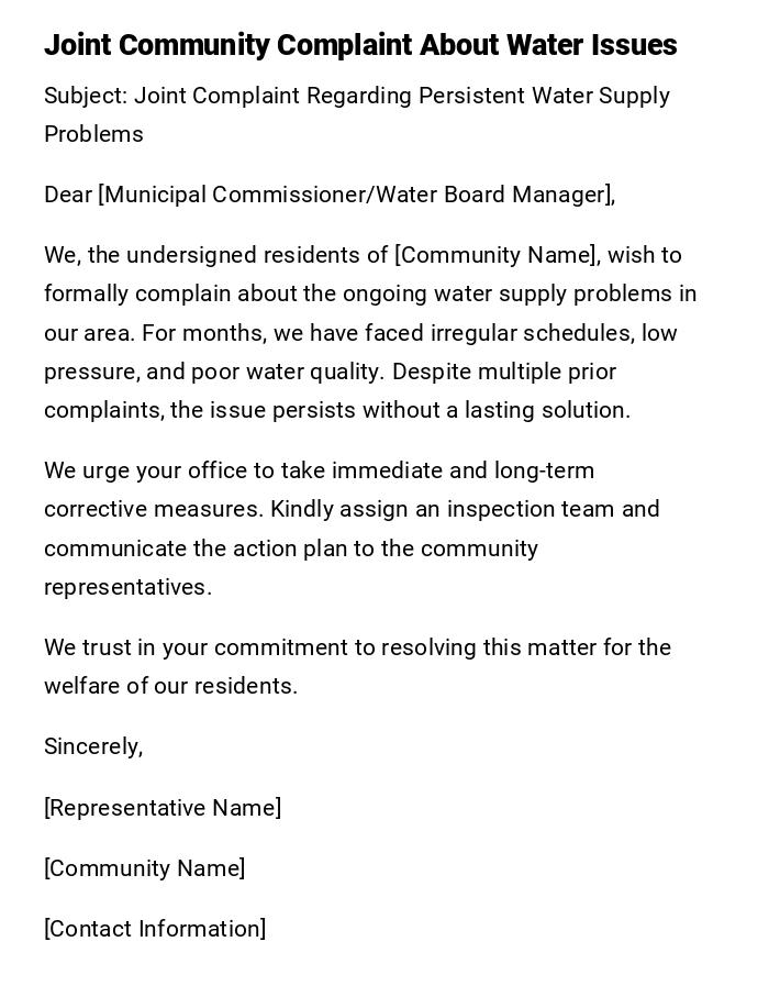 Joint Community Complaint About Water Issues Joint Community Complaint About Water Issues