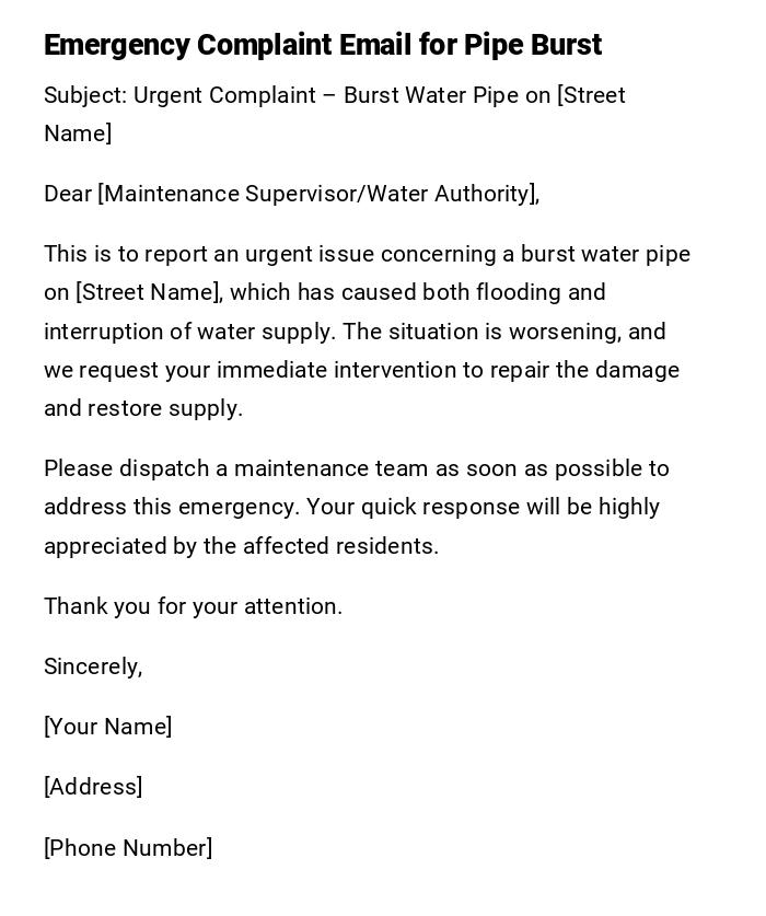Emergency Complaint Email for Pipe Burst Emergency Complaint Email for Pipe Burst