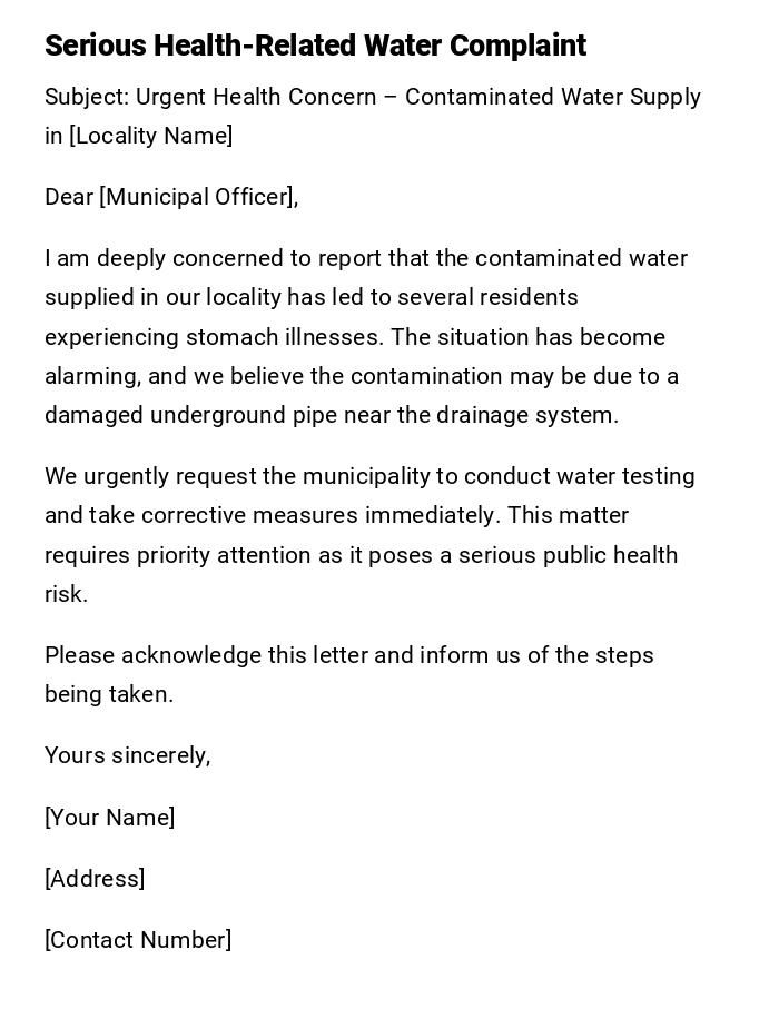 Serious Health-Related Water Complaint Serious Health-Related Water Complaint