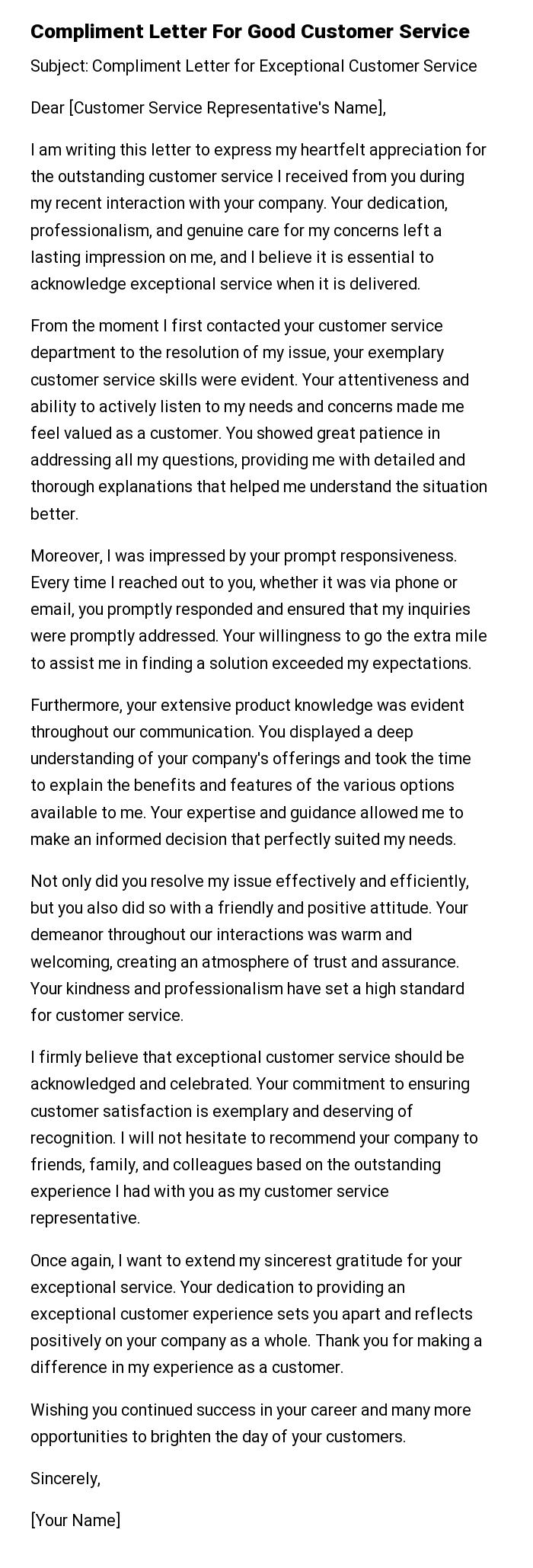 Compliment Letter For Good Customer Service