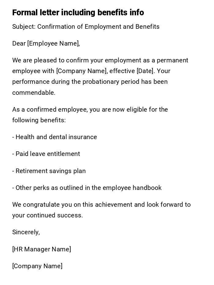 Formal letter including benefits info Formal letter including benefits info