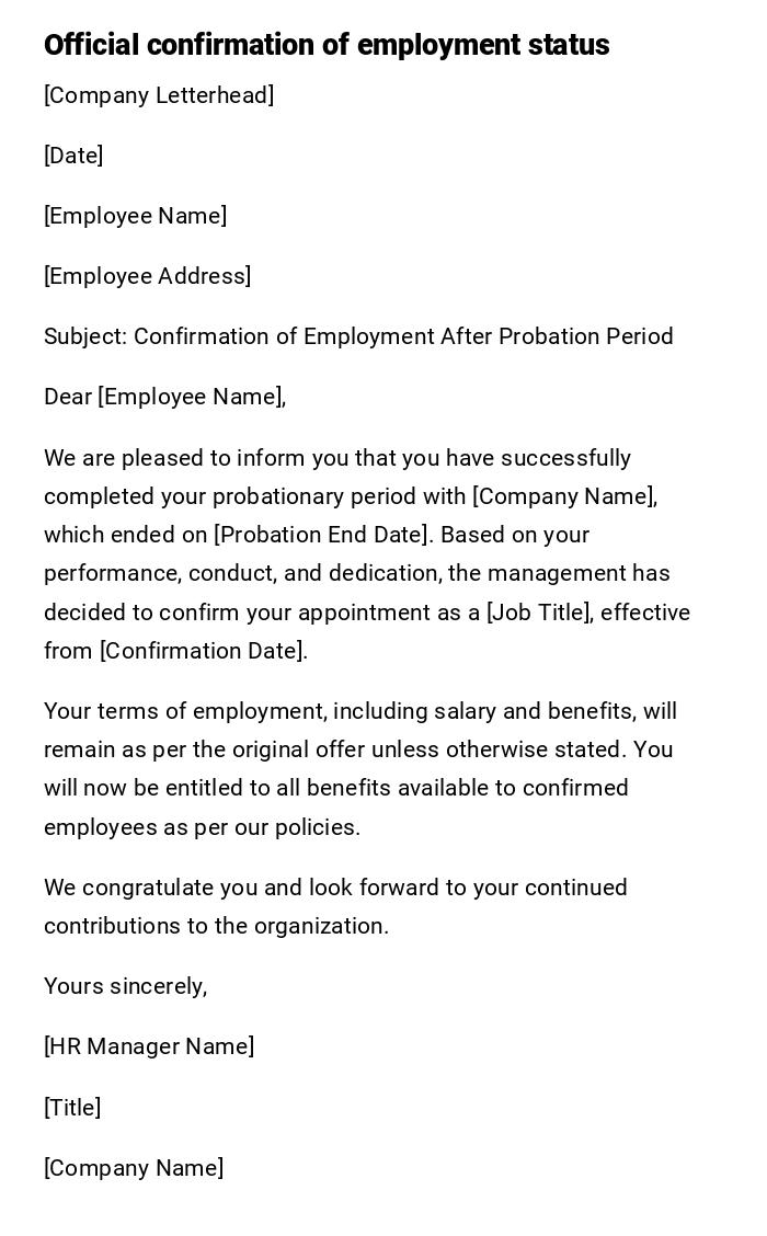 Official confirmation of employment status Official confirmation of employment status