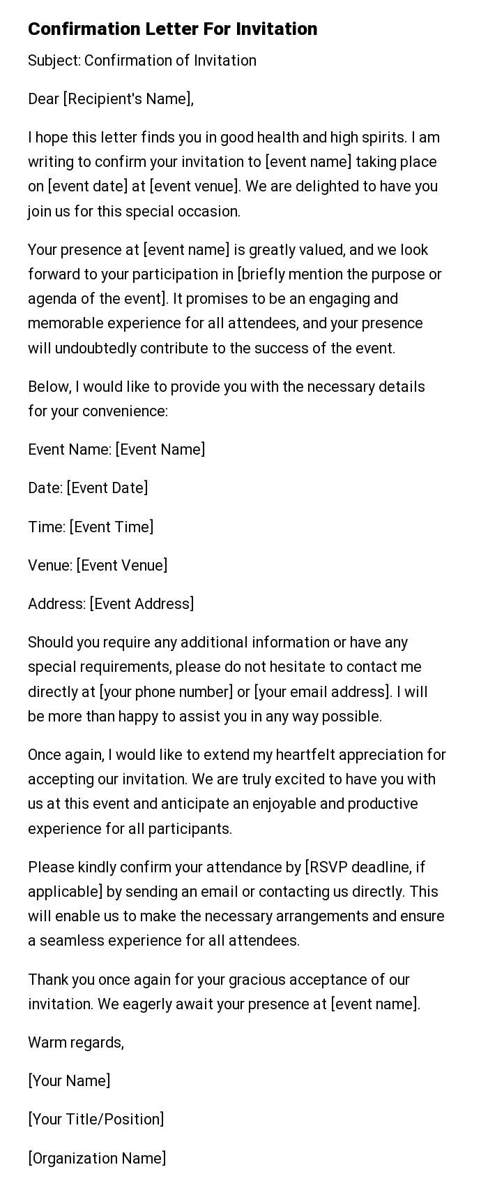 Confirmation Letter For Invitation