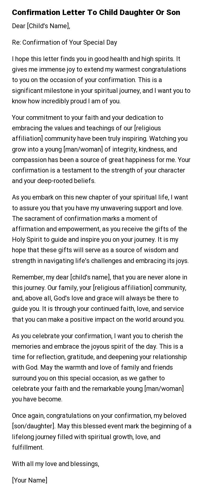 Confirmation Letter To Child Daughter Or Son
