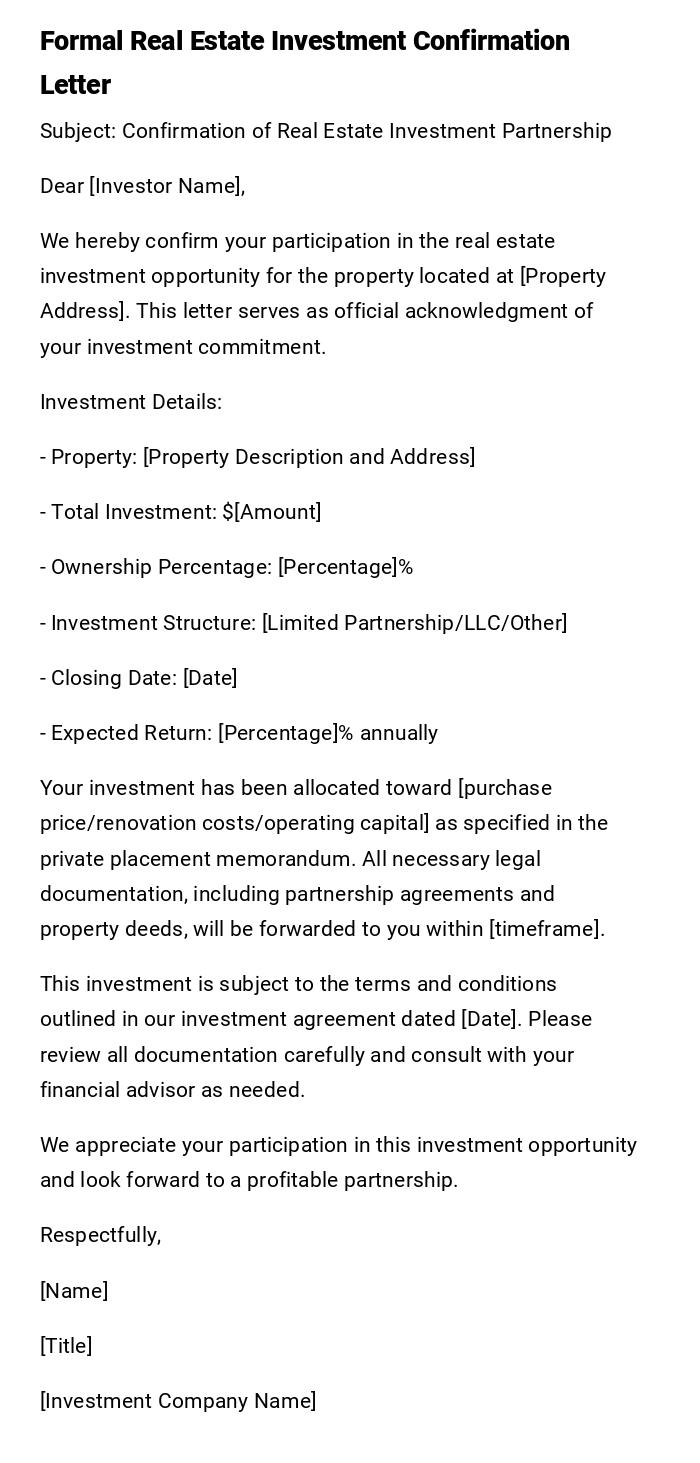 Formal Real Estate Investment Confirmation Letter Formal Real Estate Investment Confirmation Letter