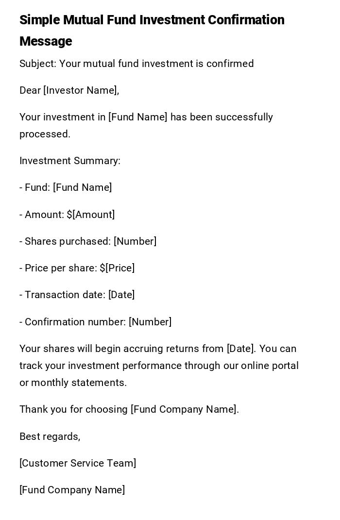 Simple Mutual Fund Investment Confirmation Message Simple Mutual Fund Investment Confirmation Message