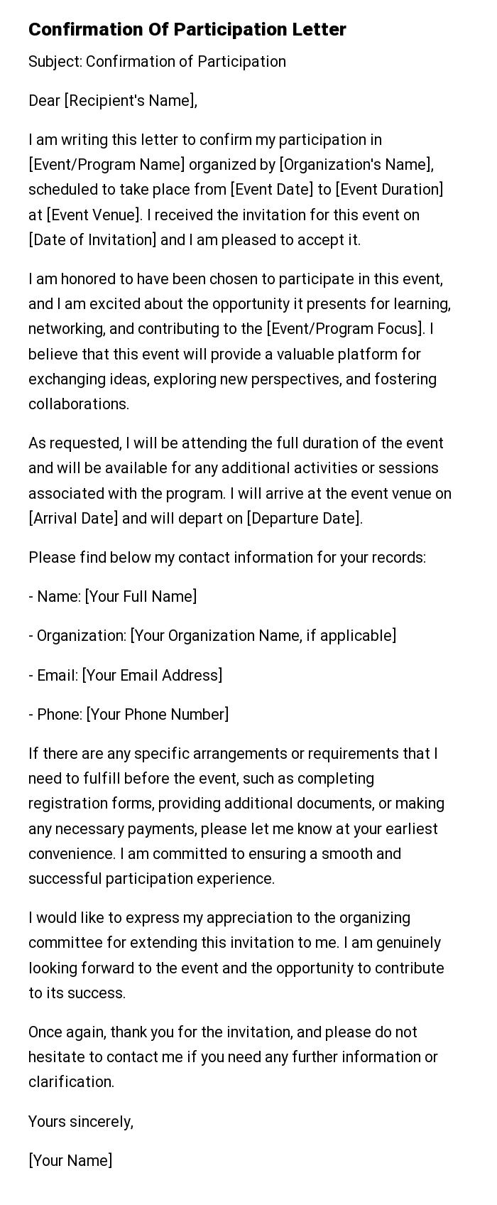 Confirmation Of Participation Letter