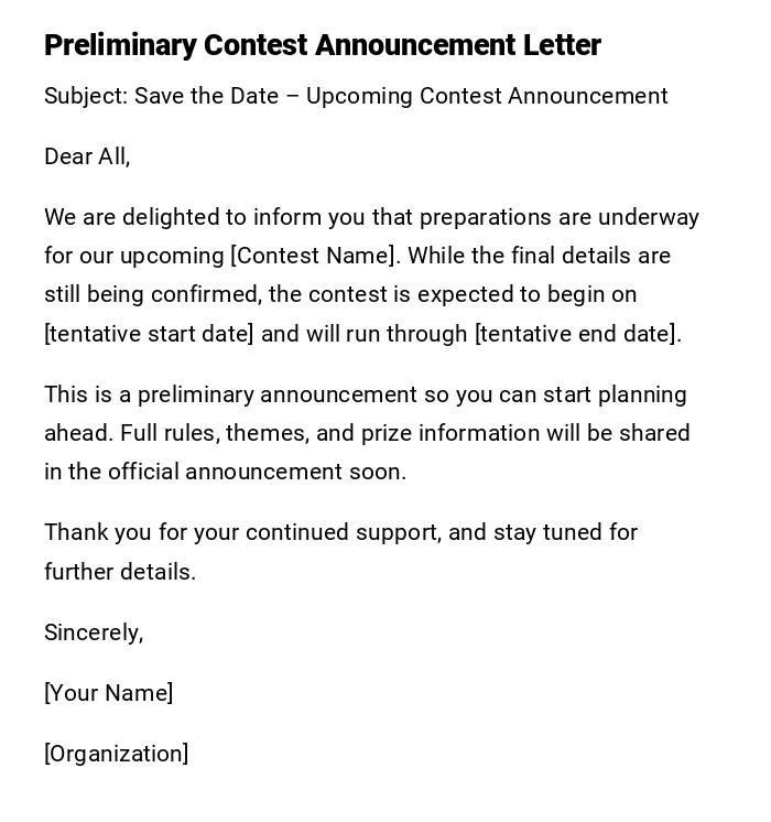 Preliminary Contest Announcement Letter Preliminary Contest Announcement Letter