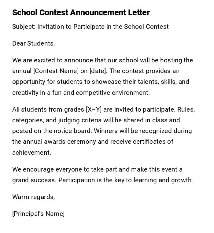 School Contest Announcement Letter School Contest Announcement Letter