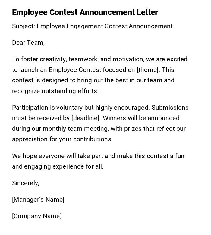 Employee Contest Announcement Letter Employee Contest Announcement Letter