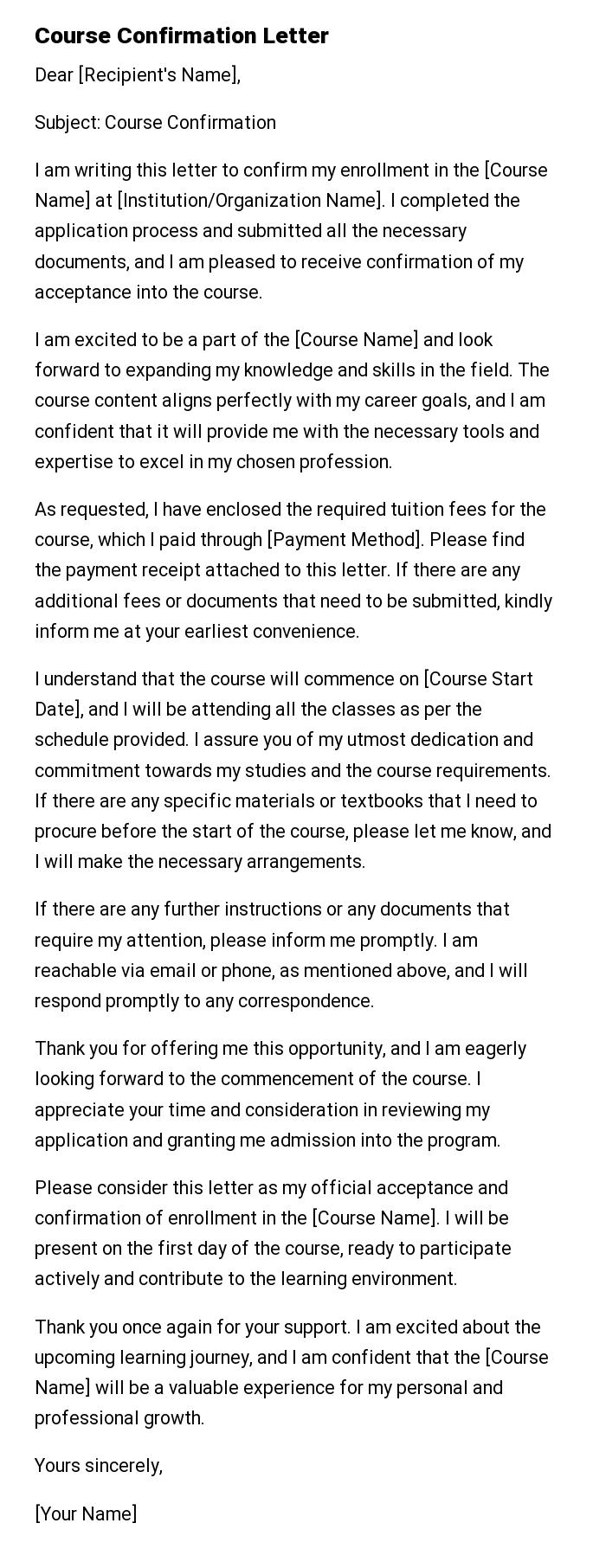 Course Confirmation Letter