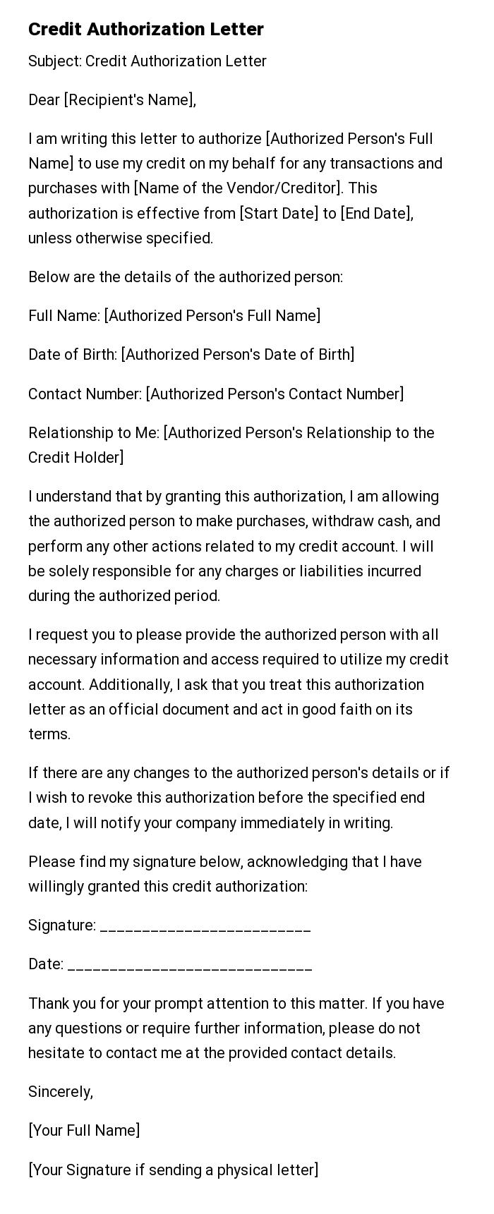 Credit Authorization Letter