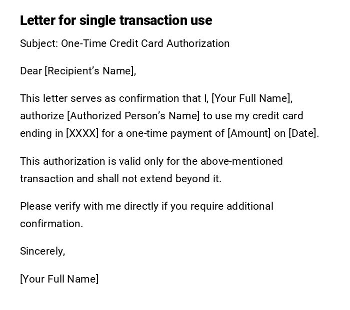 Letter for single transaction use Letter for single transaction use