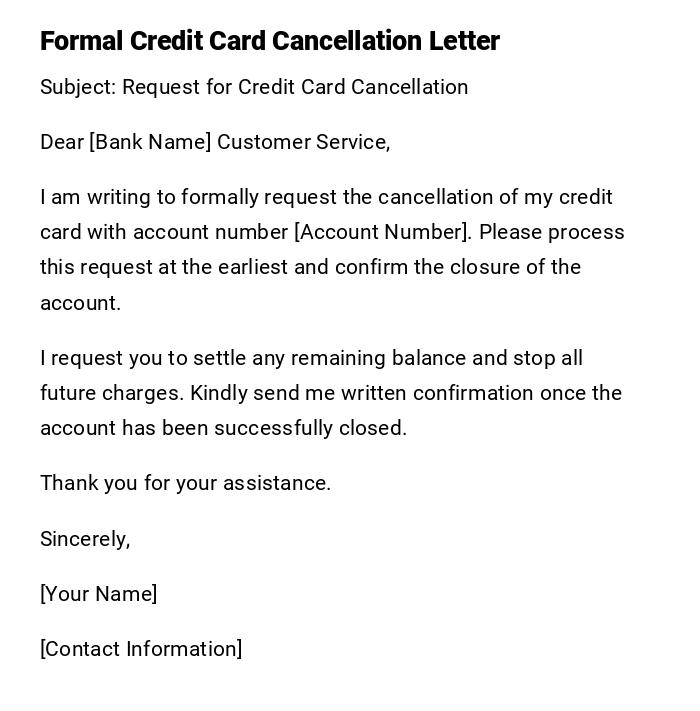 Formal Credit Card Cancellation Letter Formal Credit Card Cancellation Letter