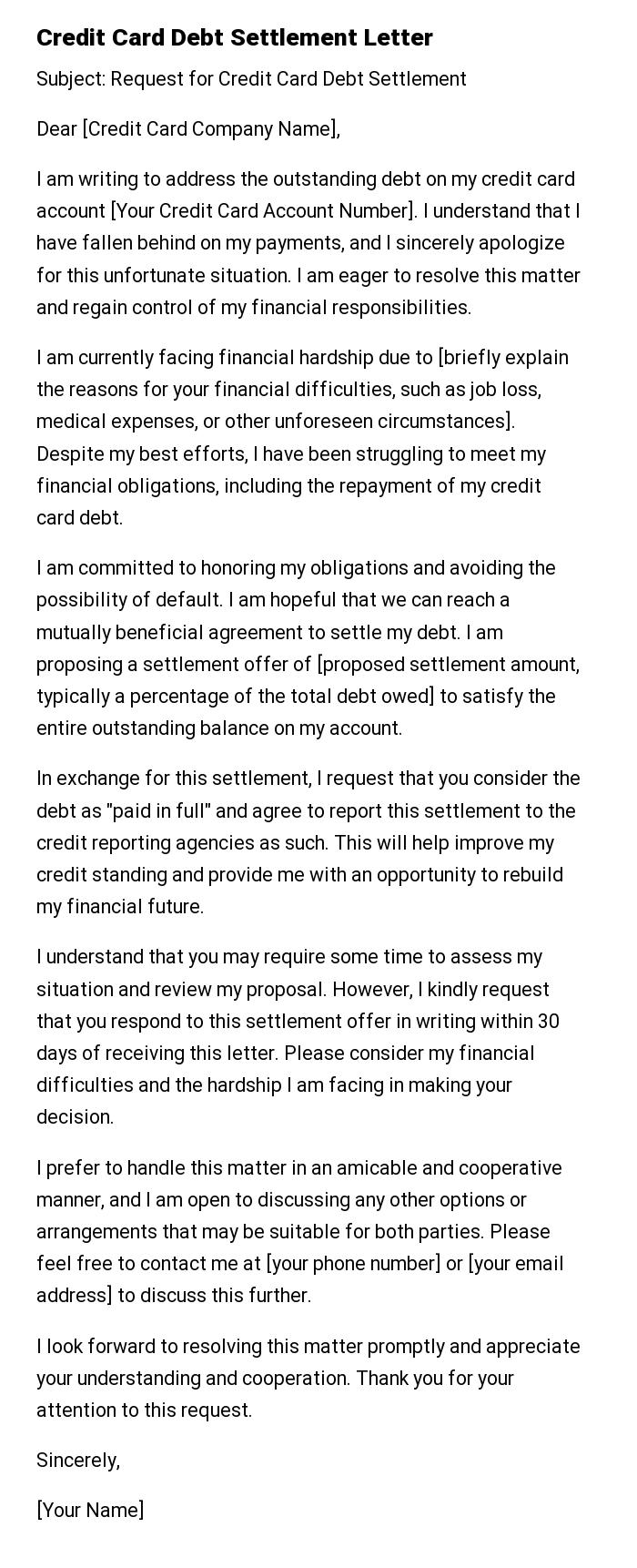 Credit Card Debt Settlement Letter