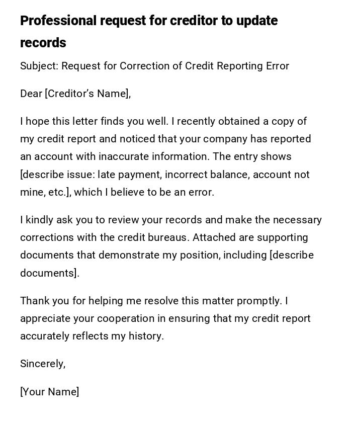 Professional request for creditor to update records Professional request for creditor to update records