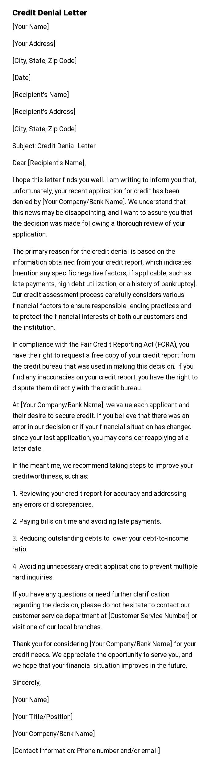Credit Denial Letter