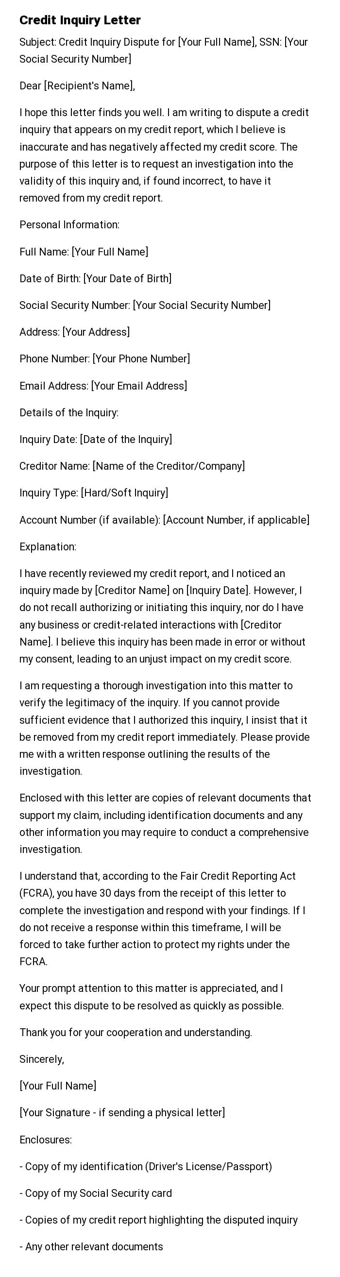 Credit Inquiry Letter