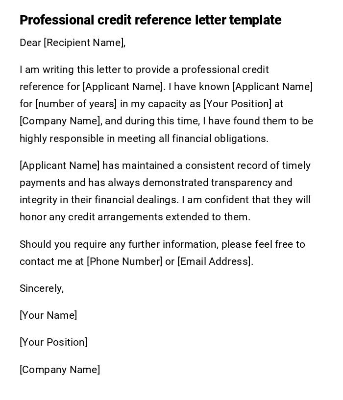 Professional credit reference letter template Professional credit reference letter template