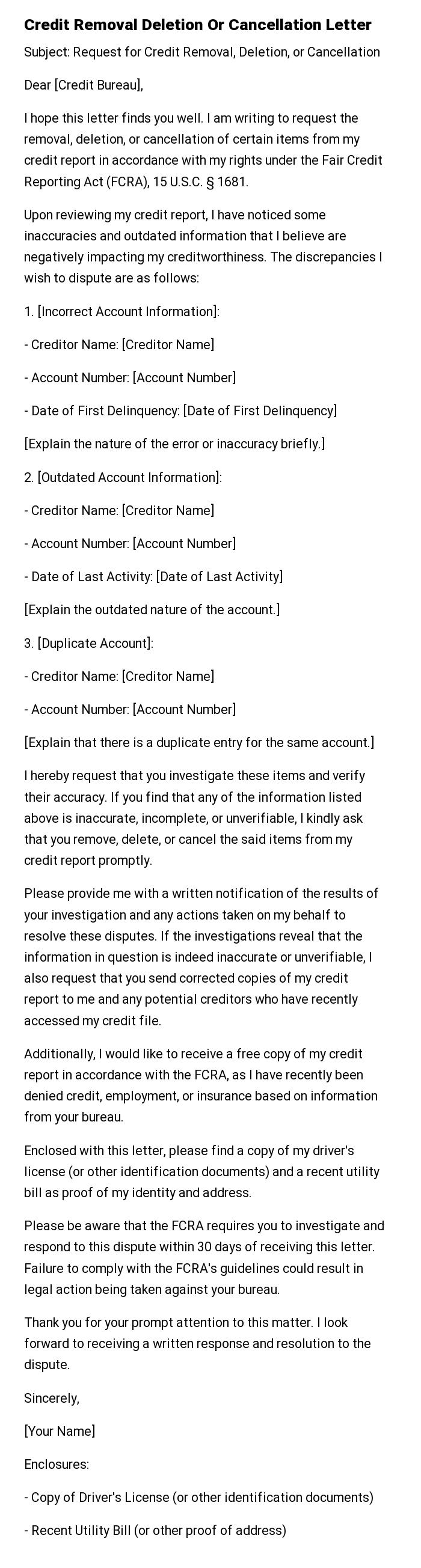 Credit Removal Deletion Or Cancellation Letter