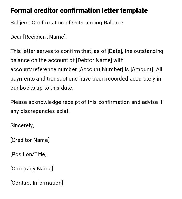 Formal creditor confirmation letter template Formal creditor confirmation letter template