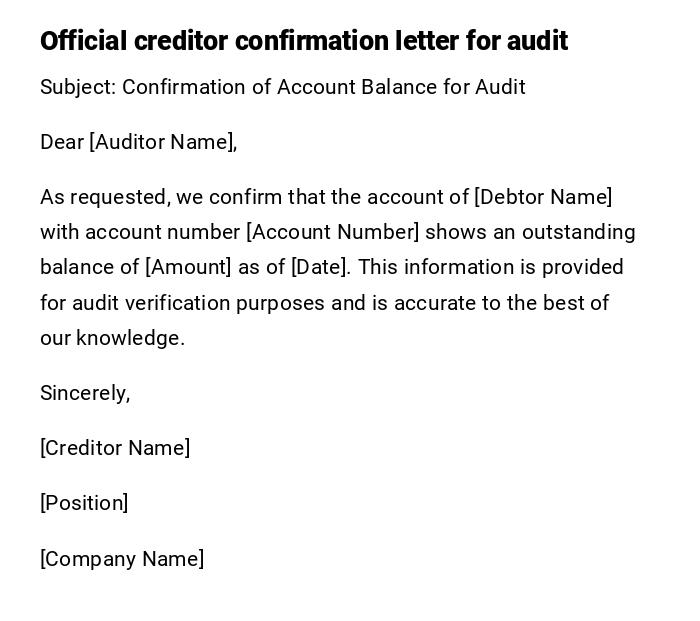 Official creditor confirmation letter for audit Official creditor confirmation letter for audit