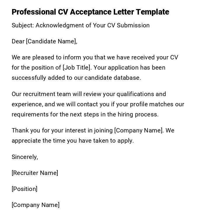 Professional CV Acceptance Letter Template