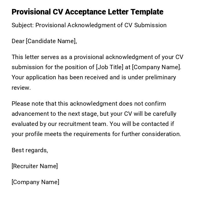 Provisional CV Acceptance Letter Template