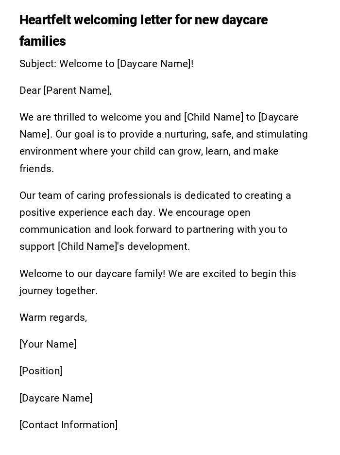 Heartfelt welcoming letter for new daycare families