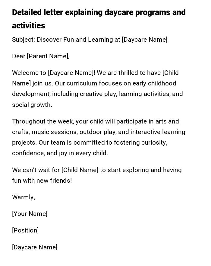 Detailed letter explaining daycare programs and activities