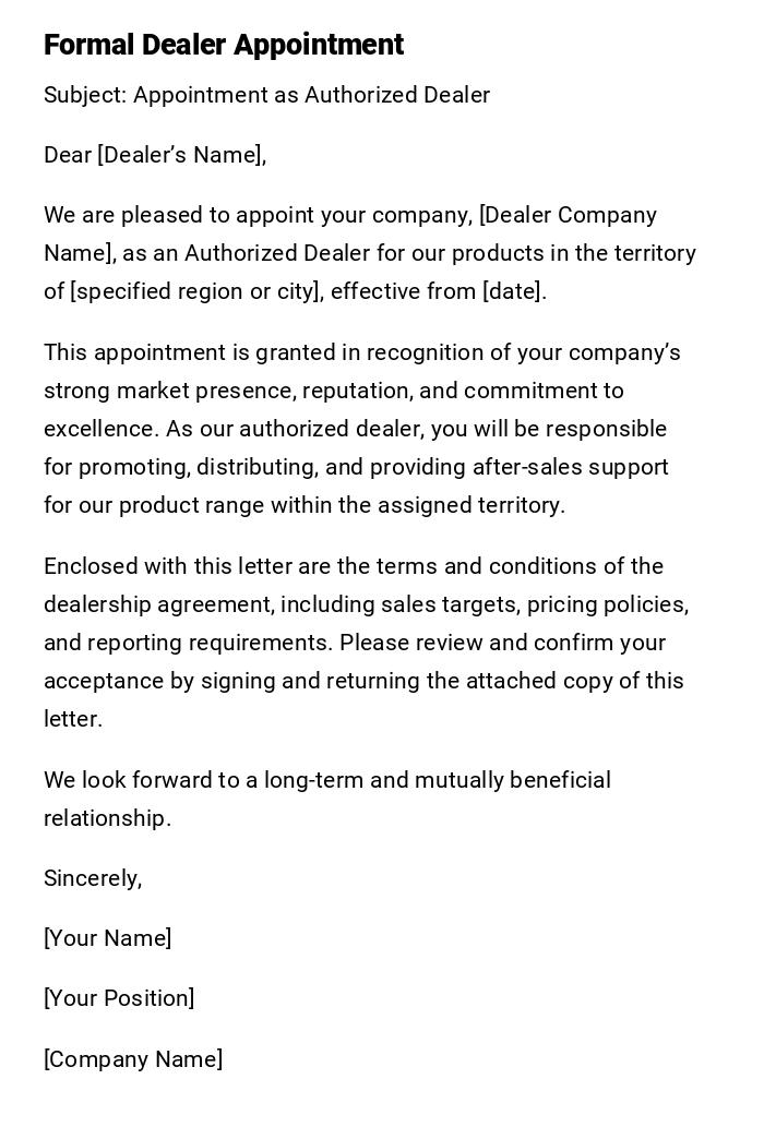 Formal Dealer Appointment