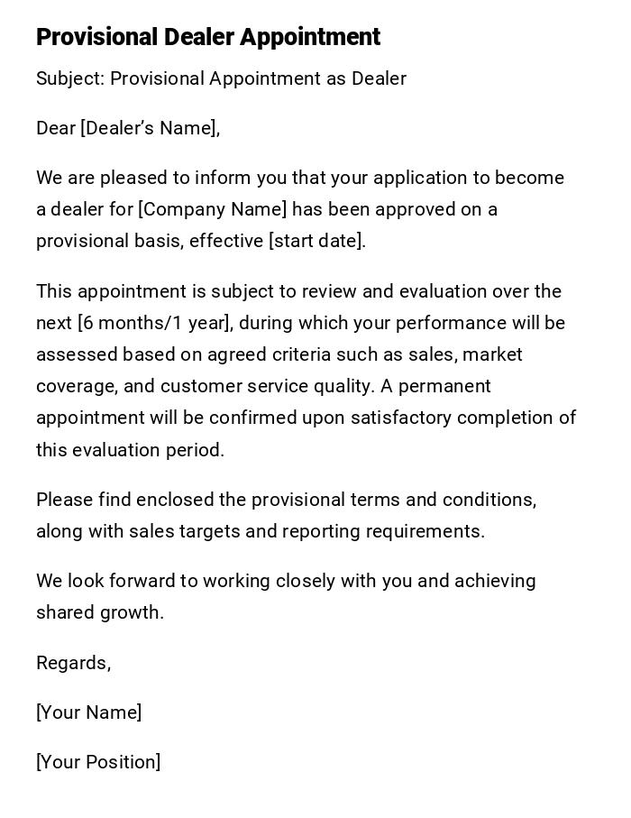 Provisional Dealer Appointment