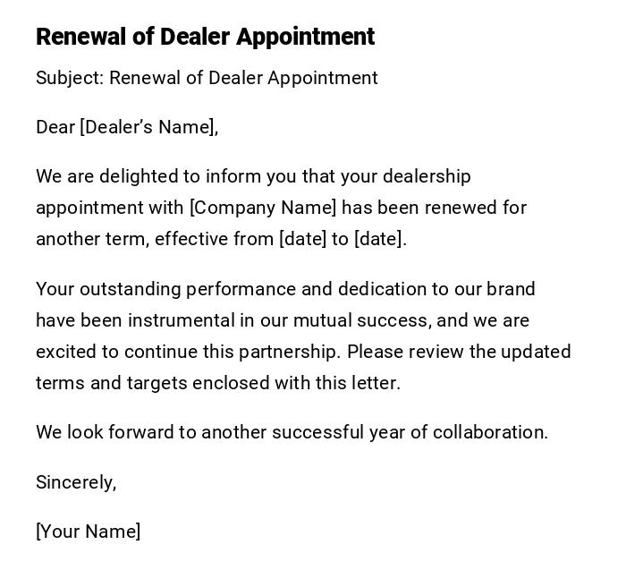 Renewal of Dealer Appointment
