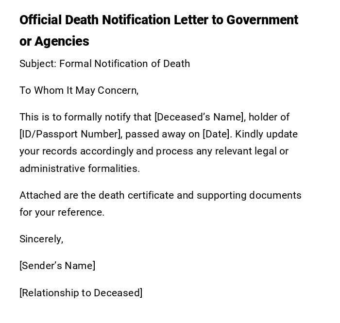 Official Death Notification Letter to Government or Agencies Official Death Notification Letter to Government or Agencies