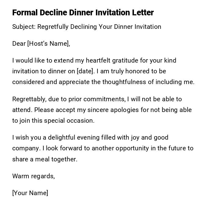 Formal Decline Dinner Invitation Letter