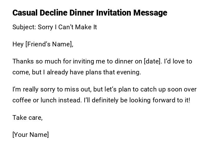 Casual Decline Dinner Invitation Message