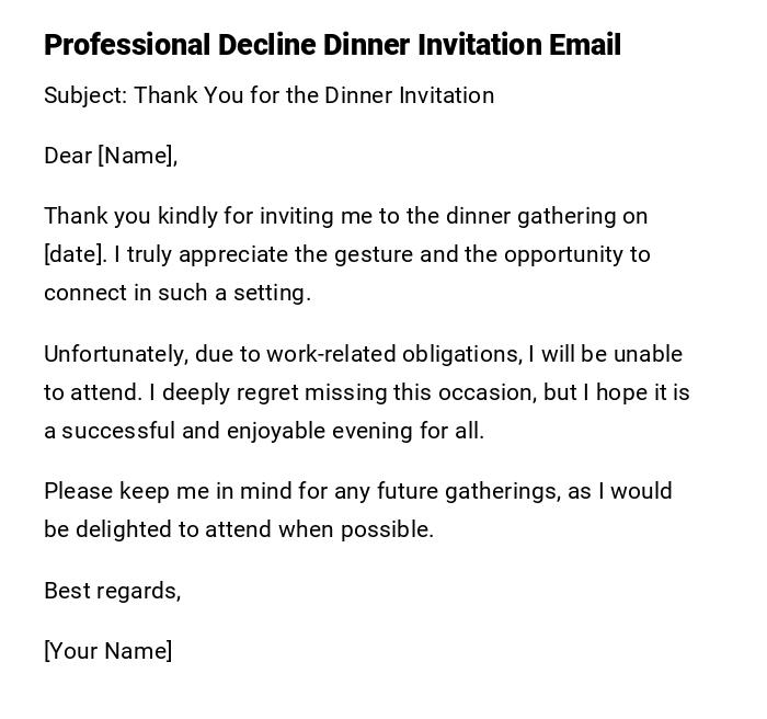 Professional Decline Dinner Invitation Email