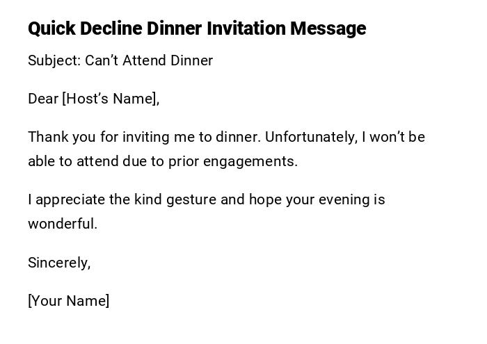 Quick Decline Dinner Invitation Message