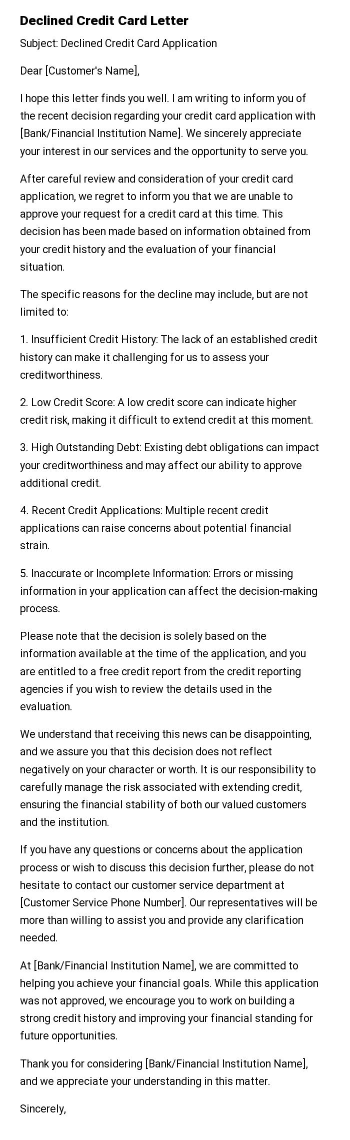 Declined Credit Card Letter