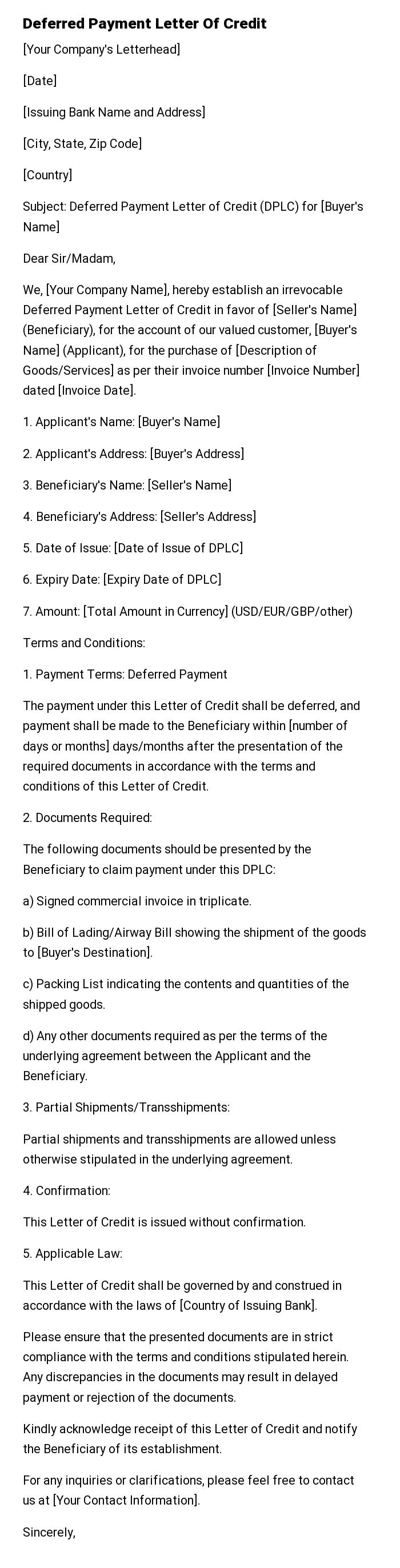 Deferred Payment Letter Of Credit
