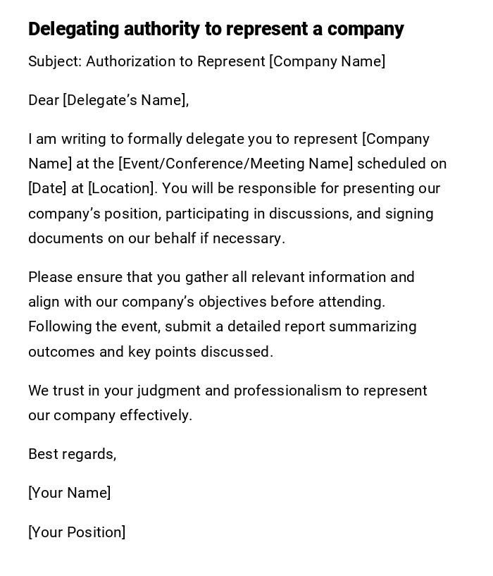 Delegating authority to represent a company Delegating authority to represent a company