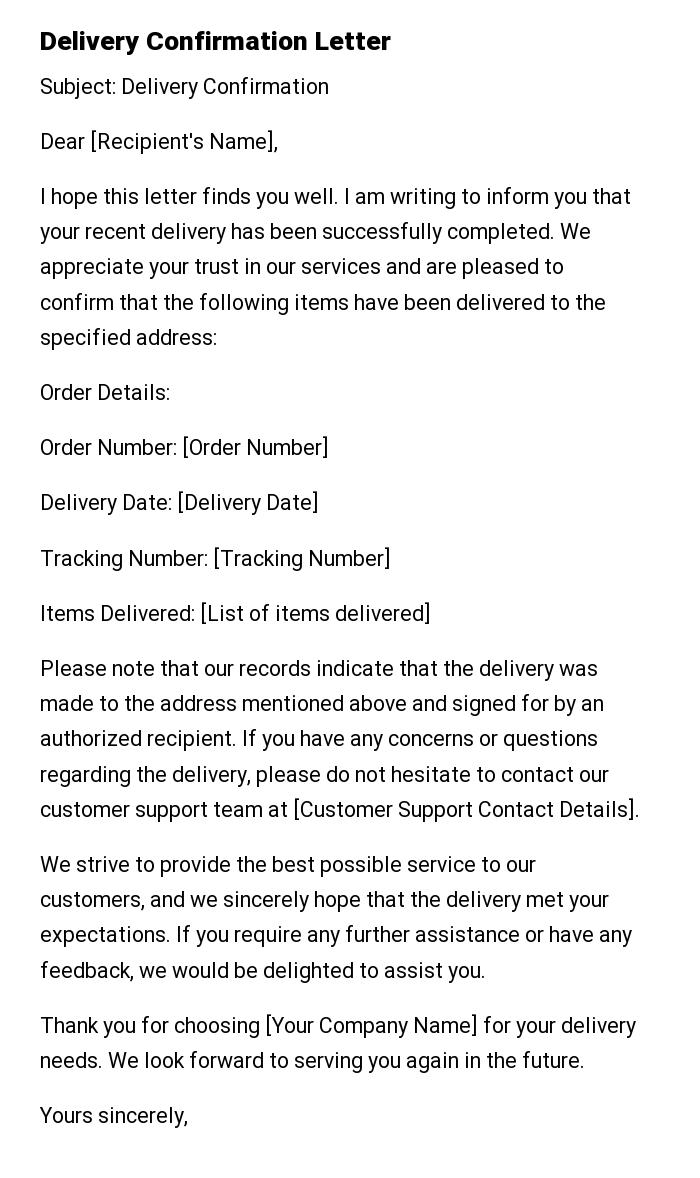 Delivery Confirmation Letter